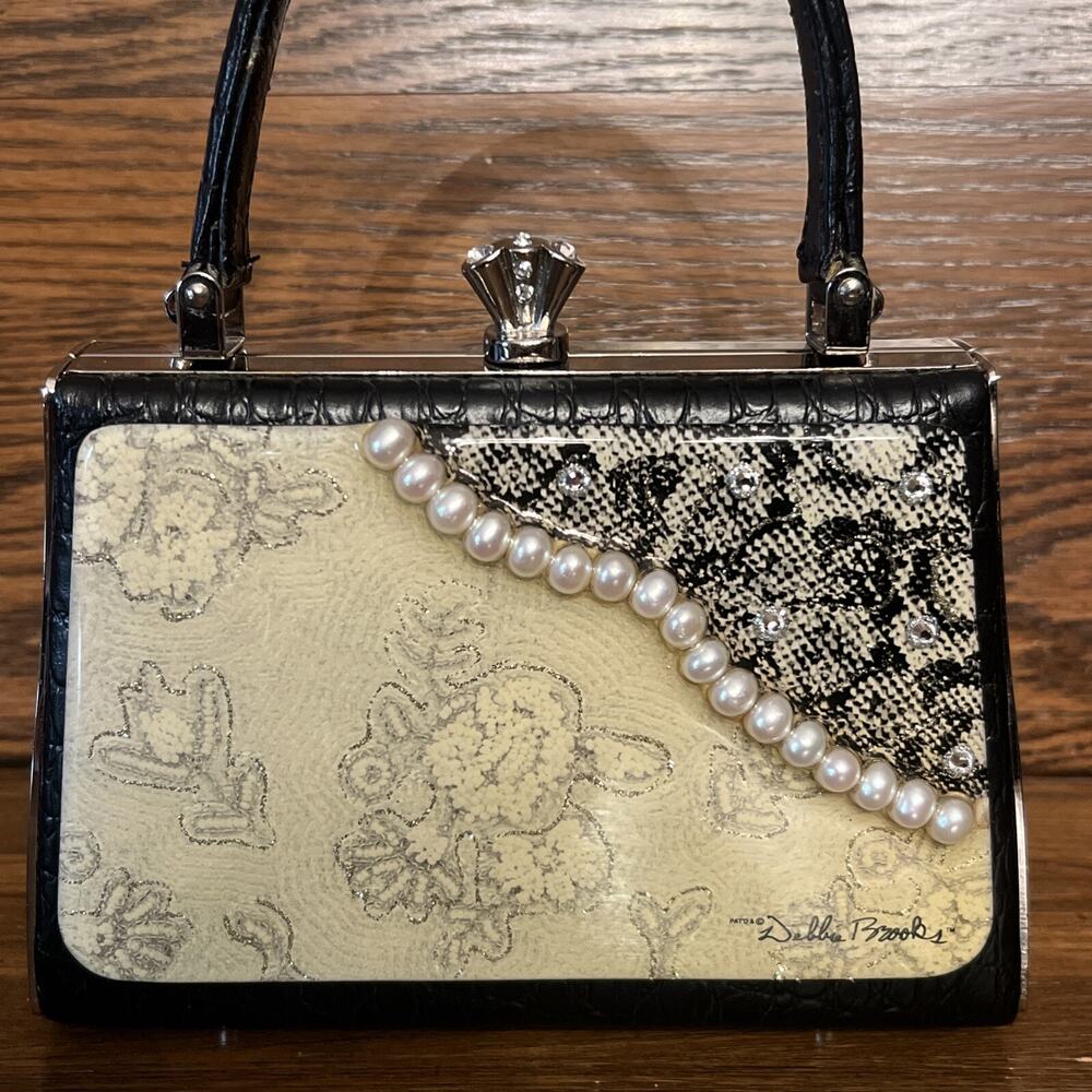 Debbie Brooks Black White Silver Mini Clutch Handbag Evening Bag Pearls - Picture 9 of 14